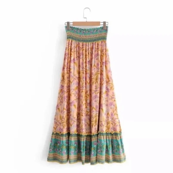 Bohemian Floral Gypsy Elastic Smocked Waist Skirt - Picture 4 of 7